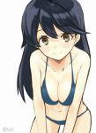  1girl ashiya_hiro bikini black_hair blue_bikini breasts brown_eyes cleavage kantai_collection leaning_forward light_smile long_hair looking_at_viewer standing swimsuit ushio_(kantai_collection) 