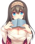  1girl black_hair blue_eyes blush book breasts cleavage gunp hairband holding holding_book idolmaster idolmaster_cinderella_girls jewelry long_hair looking_at_viewer necklace off-shoulder_sweater open_mouth pendant ribbed_sweater sagisawa_fumika shawl solo sweater upper_body 