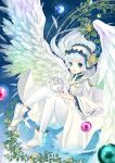  1girl angel angel_wings blue_eyes buttons cat dress eggshell fantasy feathered_wings feathers floating_hair flower frilled_hairband frilled_sleeves frills hairband highres holding long_hair long_sleeves looking_at_viewer miniature mokona1107 necktie open_mouth orb original pantyhose plant shoes water white_dress white_hair white_legwear white_shoes white_wings wide_sleeves wings yellow_necktie 