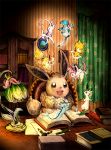  :d black_eyes blue_eyes book brown_eyes cabinet chair curtains desk desk_lamp eevee espeon flareon floral_print glaceon indoors jolteon lamp leafeon matsuri_(matsuike) no_humans open_book open_mouth paper pencil picture_frame pokemon pokemon_(creature) reading sitting smile striped sylveon umbreon vaporeon wallpaper_(object) 