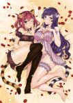  2girls animal_ears babydoll barefoot blush breasts cat_ears cat_tail detached_sleeves feet hands_on_own_chest highres jpeg_artifacts large_breasts lingerie long_hair multiple_girls musyasabu no_shoes petals puffy_detached_sleeves puffy_sleeves purple_hair redhead scan tail tiger_ears tiger_tail toes toranoana underwear 