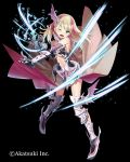  1girl armor armored_boots armored_dress black_background blonde_hair boots breasts cleavage clenched_hand full_body gauntlets highres matsui_hiroaki multicolored_hair official_art one_eye_closed open_mouth pink_hair smile solo thousand_memories under_boob 