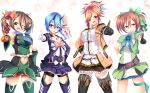  4girls azanami_(pso2) bare_shoulders blue_hair brown_eyes brown_hair gloves green_eyes hair_between_eyes heterochromia highres horns io_(pso2) looking_at_viewer multiple_girls one_eye_closed patty_(pso2) phantasy_star phantasy_star_online_2 pointy_ears short_hair sukage tattoo thigh-highs tiea twintails 