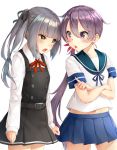  &gt;:o 2girls :o akebono_(kantai_collection) blush commentary_request crossed_arms dress flower grey_hair hair_flower hair_ornament hair_ribbon highres kantai_collection kasumi_(kantai_collection) long_hair midriff multiple_girls navel neck_ribbon pinafore_dress pleated_skirt purple_hair remodel_(kantai_collection) ribbon school_uniform serafuku side_ponytail skirt somalisu violet_eyes white_background yellow_eyes 