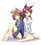  2girls ahoge animal_ears barefoot between_legs blush brave_witches brown_eyes brown_hair commentary hair_ornament hairclip hand_between_legs head_wings karibuchi_hikari karibuchi_takami knees_up leg_up long_hair looking_at_viewer military military_uniform multiple_girls open_mouth purple_hair red_liquid_(artist) short_hair siblings simple_background sisters sitting swimsuit swimsuit_under_clothes uniform wariza white_background world_witches_series 