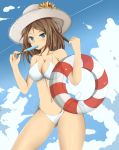  1girl blue_eyes blue_sky blush breasts brown_hair cleavage clouds food girls_und_panzer gluteal_fold groin hat highres innertube large_breasts navel nonna olly_(ollycrescent) popsicle sky solo straw_hat swimsuit thighs 