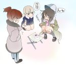  3girls aki_(girls_und_panzer) brown_hair cake cellphone cold female food girls_und_panzer gradient gradient_background hat jacket long_hair mika_(girls_und_panzer) mikko_(girls_und_panzer) multiple_girls phone short_hair skirt smartphone sneezing snot twintails wata_do_chinkuru 