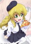  1girl :d artist_name bangs beret black_necktie black_shoes black_skirt blonde_hair blush carpaccio dress_shirt emblem eyebrows_visible_through_hair food from_above girls_und_panzer green_eyes hair_between_eyes hat holding kanau loafers long_hair long_sleeves looking_at_viewer looking_up miniskirt necktie open_mouth pantyhose pizza pleated_skirt school_uniform shirt shoes sitting skirt smile solo twitter_username white_legwear white_shirt zoom_layer 