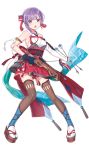  1girl :o arm_strap arrow blue_eyes bow_(weapon) braid crossbow detached_sleeves earrings french_braid full_body highres holding_bow_(weapon) jewelry miyao_jou official_art open_mouth platform_footwear purple_hair sandals shirohime_quest single_glove skirt solo thigh-highs weapon 