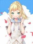  1girl blonde_hair clenched_hands clouds comeazu day green_eyes lillie_(pokemon) long_hair outdoors petals pokemon pokemon_(game) pokemon_sm ponytail sky smile solo 
