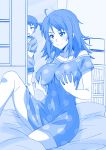  &gt;:) 2girls ahoge alternate_hair_length alternate_hairstyle blanket blue blush breasts collarbone commentary commentary_request futon getsuyoubi_no_tawawa grin groping hood hoodie indoors kimi_no_na_wa knee_up large_breasts looking_at_another looking_down messy_hair miyamizu_mitsuha miyamizu_yotsuha monochrome multiple_girls off_shoulder open_mouth parody peeking_out ponpon self_fondle short_shorts short_twintails shorts sleepwear sliding_doors smile solo_focus style_parody sweatdrop twintails waking_up 
