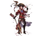  1boy aoidos coat coattails feathers flower gloves granblue_fantasy guitar hat hat_feather high_heels holding holding_flower instrument long_hair looking_at_viewer male_focus minaba_hideo official_art orange_eyes petals pink_hair red_coat red_rose rose rose_petals sleeve_cuffs solo transparent_background treble_clef very_long_hair 