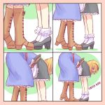  1girl 4koma alice_margatroid apron bent_over blonde_hair blue_dress boots bow comic commentary cosplay dress frilled_legwear hair_bow highres implied_kiss kirisame_marisa kirisame_marisa_(cosplay) lonely lower_body meme optical_illusion parody shoes_on_hands short_hair silent_comic socks solo standing team_shanghai_alice touhou waist_apron what yoruny 