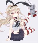  36do5fun :3 animal_ears arm_support black_panties black_skirt blonde_hair crop_top fake_animal_ears grey_background hairband highleg highleg_panties kantai_collection lifebuoy microskirt panties pleated_skirt red_eyes rensouhou-chan sailor_collar shimakaze_(kantai_collection) sitting skirt striped striped_legwear thigh-highs underwear 