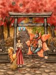  1girl ^_^ autumn_leaves bamboo_broom blush broom brown_hair closed_eyes covering_mouth day full_body growlithe holding japanese_clothes long_hair matsuri_(matsuike) miko outdoors pokemon pokemon_(creature) ponytail seedot shiftry standing statue torii volcarona 