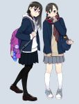  2girls backpack bag bag_charm bangs black_hair black_legwear black_skirt blazer blush braid eyebrows_visible_through_hair glasses grey_background grey_eyes grey_skirt hand_up holding hood hoodie jacket kneehighs loafers long_hair looking_at_viewer morifumi multiple_girls original pantyhose plaid plaid_scarf pleated_skirt purple-framed_eyewear red_scarf scarf school_bag school_uniform shoes simple_background skirt smile sneakers standing sweater twin_braids violet_eyes white_legwear 