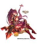  1girl age_of_ishtaria armor bangs breasts copyright_name eyebrows_visible_through_hair fang fire gauntlets hair_between_eyes highres holding holding_spear holding_weapon large_breasts legs_crossed long_hair looking_at_viewer official_art open_mouth polearm ponytail purple_hair red_eyes simple_background sitting smile solo spear very_long_hair watermark weapon white_background yaman_(yamanta_lov) yukimura_(ishtaria) 