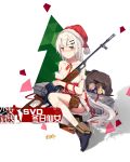  1girl artist_request blush copyright_name doll dragunov_svd full_body girls_frontline green_eyes gun hair_ornament hairclip hat highres holding holding_gun holding_weapon long_hair official_art rifle santa_costume santa_hat simple_background sniper_rifle solo svd_(girls_frontline) weapon white_background white_hair 