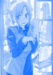  1boy 1girl bottle breasts comic commentary commentary_request convenience_store employee_uniform getsuyoubi_no_tawawa himura_kiseki holding holding_bottle indoors large_breasts lawson monochrome ponytail price_tag shop short_hair uniform 