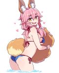  1girl animal_ears ass bikini blue_bikini blush breasts chan_co eyebrows_visible_through_hair fang fate/extra fate/grand_order fate_(series) fox_ears fox_tail hair_ribbon heart holding_tail large_breasts long_hair looking_at_viewer looking_back open_mouth pink_hair ribbon sideboob simple_background smile solo swimsuit tail tamamo_(fate)_(all) tamamo_no_mae_(swimsuit_lancer)_(fate) underboob water white_background yellow_eyes 