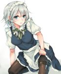 1girl apron black_legwear blue_eyes braid breasts gradient gradient_background highres holster izayoi_sakuya knife lifted_by_self looking_at_viewer maid maid_apron maid_headdress pantyhose rinarisa silver_hair skirt skirt_lift solo thigh_holster touhou twin_braids waist_apron 