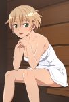  1girl bangs blonde_hair blush brave_witches breasts brown_eyes chin_rest cleavage collarbone looking_at_viewer naked_towel nanashino open_mouth short_hair sitting smile solo sweat towel waltrud_krupinski world_witches_series 