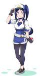  1girl black_gloves blue_hair choker cosplay female_protagonist_(pokemon_go) female_protagonist_(pokemon_go)_(cosplay) fingerless_gloves gloves highres hoshino_ouka long_hair love_live! love_live!_sunshine!! matsuura_kanan pink_eyes poke_ball pokemon pokemon_go ponytail simple_background smile solo standing visor_cap white_background 