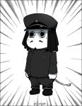  (o)_(o) 1boy abyssal_admiral_(kantai_collection) admiral_suwabe admiral_suwabe_(cosplay) black_hair comic commentary_request cosplay epaulettes facial_hair full_body goatee hairlocs hat kantai_collection kei-suwabe male_focus military military_hat military_uniform monochrome moomin moomintroll muppo mustache parody peaked_cap shoes solo sweatdrop tail trembling twitter_username uniform white_background 