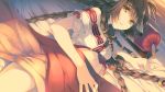  1girl animal_ears anju_(utawarerumono) bed_sheet braid game_cg long_hair looking_at_viewer lying mitsumi_misato multiple_braids official_art parted_lips pillow solo utawareru_mono utawareru_mono:_itsuwari_no_kamen 