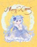  1girl blue_eyes blue_hair blue_ribbon choker christmas closed_mouth constellation constellation_print earmuffs frills fur_trim hair_ribbon hana_(asml30) hatsune_miku leaf leaf_background matching_hair/eyes merry_christmas poncho ribbon smile solo star tied_hair twintails vocaloid yellow_background 