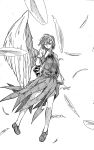  1girl absurdres bare_legs bow breasts dress feathers greyscale highres jacket kishin_sagume large_breasts large_wings monochrome one_eye_closed open_clothes open_jacket ozma_(yozakura) short_dress short_hair single_wing solo touhou wings 