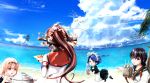  4girls beach black_hair blonde_hair blue_hair bottle brown_eyes clouds fairy_(kantai_collection) fisheye fubuki_(kantai_collection) highres kantai_collection machinery maid mocchi_(chibi1484) multiple_girls ponytail pot ramune red_eyes scenery school_uniform serafuku short_hair yamato_(kantai_collection) yuudachi_(kantai_collection) 