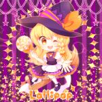  1girl ;d absurdres apron black_shoes black_skirt black_vest blonde_hair bow braid candy chibi collared_vest english eyebrows_visible_through_hair food full_body halloween hat hat_bow highres holding kirisame_marisa lollipop long_hair mary_janes one_eye_closed open_mouth orange_bow puffy_short_sleeves puffy_sleeves shirt shoes short_sleeves side_braid single_braid skirt skirt_set smile solo star teeth touhou very_long_hair vest waist_apron white_legwear white_shirt witch_hat yata yellow_eyes 