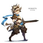  1boy artist_name boots bracer brown_boots brown_pants clenched_hand fantasy full_body headband highres holding holding_sword holding_weapon kurasuta navel original pants pouch solo spiky_hair standing sword weapon white_hair 