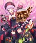  1girl bacon bare_shoulders belt book bread butter detached_sleeves egg fate/grand_order fate_(series) flat_chest food helena_blavatsky_(fate/grand_order) lettuce looking_at_viewer mustard onion open_mouth purple_hair ronopu short_hair smile solo thigh-highs tomato violet_eyes 