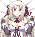  1girl bare_shoulders black_gloves blonde_hair bow breasts cleavage elbow_gloves fingerless_gloves gloves hair_bow long_hair looking_at_viewer lying lyrical_nanoha on_back rainbowcard rinne_berlinetta solo violet_eyes vivid_strike! wavy_mouth 