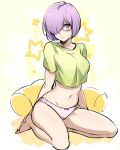 1girl breasts cushion fate/grand_order fate_(series) glasses green_shirt hair_over_one_eye highres looking_at_viewer midriff navel no_pants panties pink_panties purple_hair shielder_(fate/grand_order) shimo_(s_kaminaka) shirt simple_background sitting solo source_request star tank_top underwear violet_eyes wariza white_background 