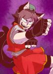  &gt;:d 1girl :d animal_ears bike_shorts black_gloves brown_hair cat_ears cat_tail chen constricted_pupils earrings fangs fighting_stance fingerless_gloves foreshortening gloves hat high_collar jewelry looking_at_viewer mob_cap multiple_tails nekomata one_leg_raised open_mouth purple_background ratenbo shirt short_sleeves shorts_under_skirt skirt smile solo tail touhou two_tails vest 