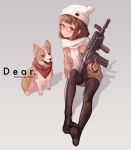  1girl brown_eyes brown_hair cancell dog glasses gradient gradient_background gun hat long_hair looking_at_viewer no_shoes original pantyhose scarf short_hair solo weapon welsh_corgi 