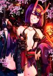  1girl alcohol blush breasts capitan_wei cup demon_girl fang fate/grand_order fate_(series) highres horns japanese_clothes jewelry kimono navel oni oni_horns purple_hair sakazuki sake short_hair shuten_douji_(fate/grand_order) small_breasts solo tongue tongue_out violet_eyes 