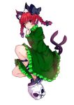  1girl :q animal_ears bangs black_bow black_shoes bow braid cat_ears cat_tail dress extra_ears eyebrows_visible_through_hair finger_to_mouth frilled_dress frills from_side full_body green_dress hair_bow highres ishimu juliet_sleeves kaenbyou_rin kneeling long_sleeves looking_at_viewer looking_to_the_side multiple_tails pointy_ears puffy_sleeves red_eyes redhead shoes skull smile solo tail tongue tongue_out touhou twin_braids two_tails 