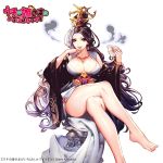  1girl barefoot bracelet breasts brown_hair cleavage eyelashes finger_licking finger_to_mouth fingernails food hair_bun hand_to_own_mouth headgear isaac_hein_iii japanese_clothes jewelry kimono large_breasts legs legs_crossed licking long_hair long_sleeves multicolored_hair necklace obi onigiri original sash shiny shiny_skin simple_background sitting solo toenails tongue tongue_out two-tone_hair uchi_no_hime-sama_ga_ichiban_kawaii very_long_hair violet_eyes white_background white_hair wide_sleeves 