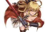  1girl bangs bare_shoulders belt black_bow black_legwear blonde_hair bow breasts brown_legwear cleavage cowboy_shot detached_sleeves dress eredhen frilled_skirt frills gauntlets gloves granblue_fantasy hair_bow highres holding holding_sword holding_weapon long_hair looking_at_viewer medium_breasts purple_ribbon red_dress red_eyes ribbon sidelocks simple_background skirt smile solo sword thigh-highs vira weapon white_background 