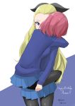  2016 2girls absurdres assam blonde_hair blue_background carrying dated english female girls_und_panzer happy_birthday highres hug irukatto long_hair looking_at_another multiple_girls pantyhose pink_hair rosehip short_hair sketch skirt standing sweater twitter_username two-tone_background violet_eyes white_background yuri 