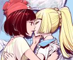  2girls bangs bare_shoulders beanie bed bed_sheet black_hair blonde_hair blunt_bangs braid breakrabbit female_protagonist_(pokemon_sm) fingernails floral_print french_braid green_eyes grey_eyes hand_on_another&#039;s_back hand_on_another&#039;s_face hat high_ponytail lillie_(pokemon) long_hair looking_at_another lying multiple_girls on_bed on_side open_mouth pillow poke_ball_theme pokemon pokemon_(game) pokemon_sm red_hat shirt shirt_slip short_hair short_sleeves white_shirt yellow_shirt yuri 