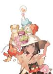  1girl beanie black_eyes black_hair bounsweet female_protagonist_(pokemon_sm) flower hat holding holding_hat litten_(pokemon) pokedex pokemon pokemon_(creature) pokemon_(game) pokemon_sm popplio red_hat rotom rowlet short_hair short_sleeves simple_background starshadowmagician stufful white_background white_hat yungoos 