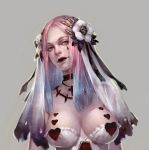  1girl blue_hair breasts brown_eyes cleavage facial_tattoo flower grey_background hair_flower hair_ornament hanshakok5 heart jewelry large_breasts lipstick long_hair makeup multicolored_hair necklace original pink_hair simple_background solo tattoo two-tone_hair upper_body veil 