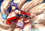  1girl absurdres ahri animal_ears bare_shoulders breasts brown_eyes cleavage covered_navel curvy fox_ears fox_tail highres huge_breasts korean_clothes league_of_legends leaning_forward long_hair looking_at_viewer multiple_tails nail_polish purple_hair solo standing tail thighs wide_hips yashichii yellow_eyes 