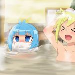  @_@ bath blonde_hair blue_eyes blue_hair blush covered_mouth gobanme_no_mayoi_neko highres itsumo_hokuto multiple_girls onsen shakunetsu_no_takkyuu_musume short_hair short_twintails smile steam tenka_hanabi twintails 