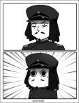  (o)_(o) 1boy abyssal_admiral_(kantai_collection) admiral_suwabe admiral_suwabe_(cosplay) black_hair comic commentary cosplay epaulettes facial_hair goatee hairlocs hat kantai_collection kei-suwabe male_focus military military_hat military_uniform monochrome moomin moomintroll muppo mustache parody peaked_cap solo sweatdrop trembling twitter_username uniform white_background 